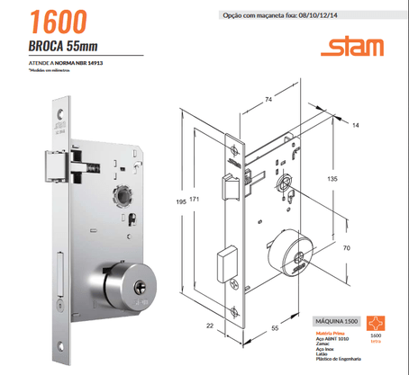 Fechadura Tetra 1600/09 Espelho Máquina 55mm Inox Stam